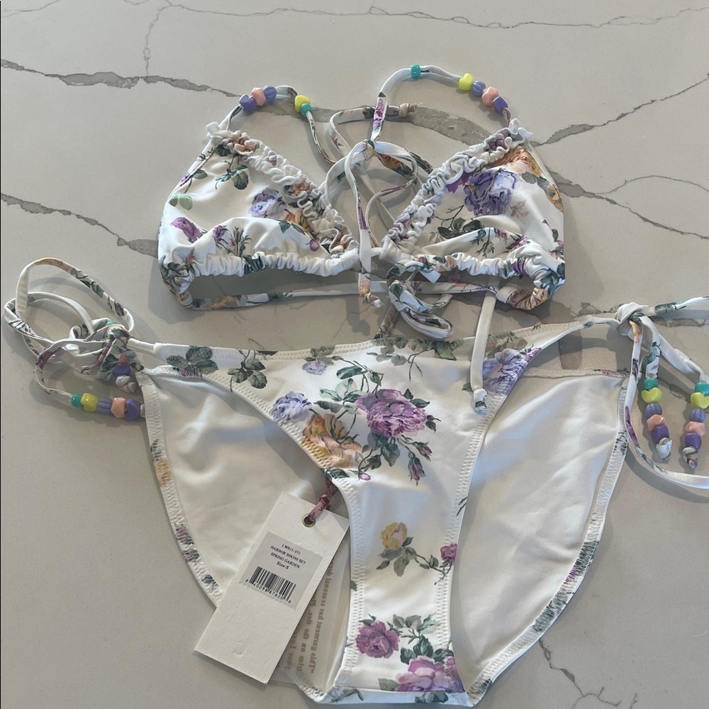 NWT Love Shack Fancy floral bikini set with beads and matching bag